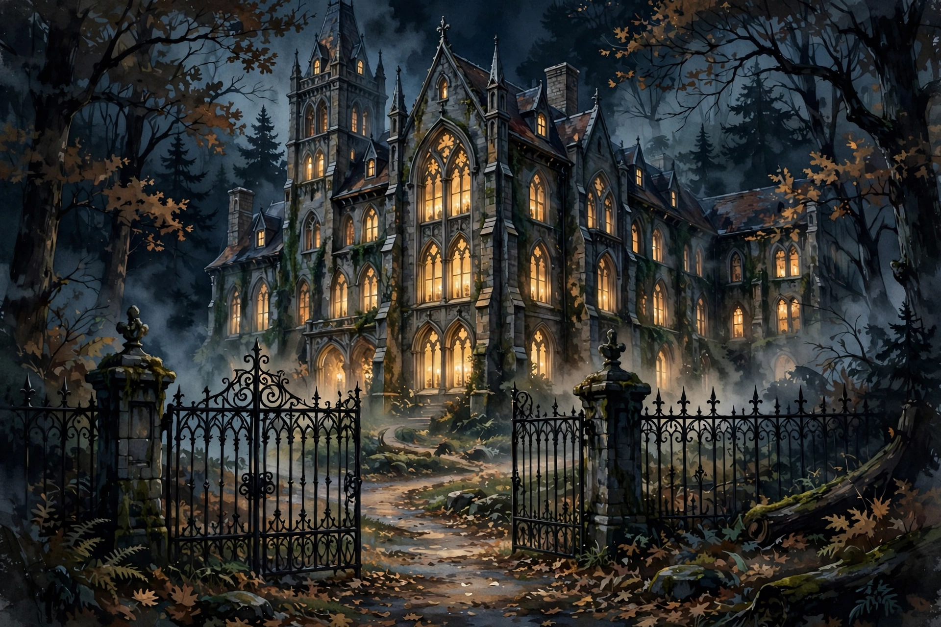 A candlelit old-mansion hall at night