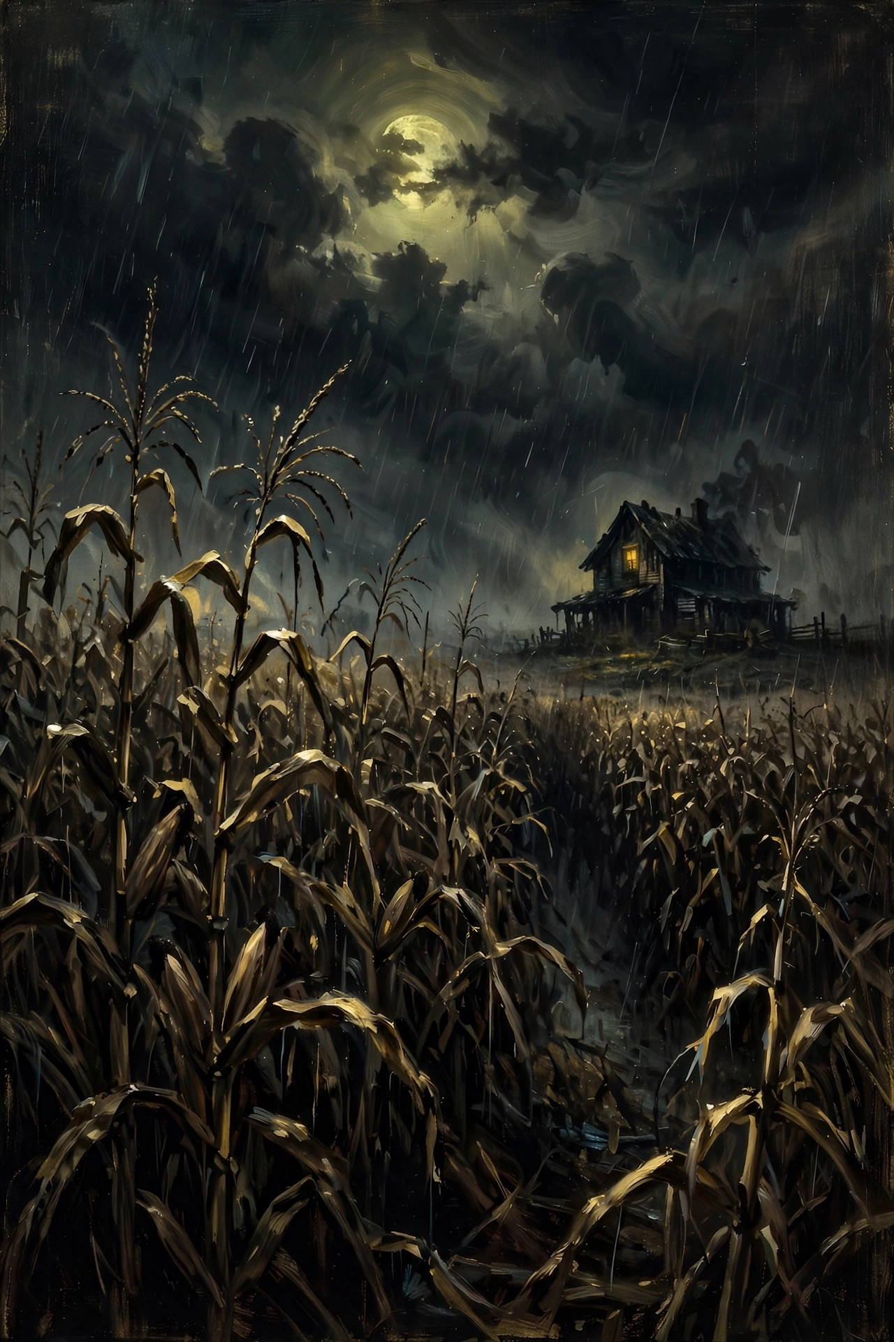 Rain-soaked fields at night under a bruised sky