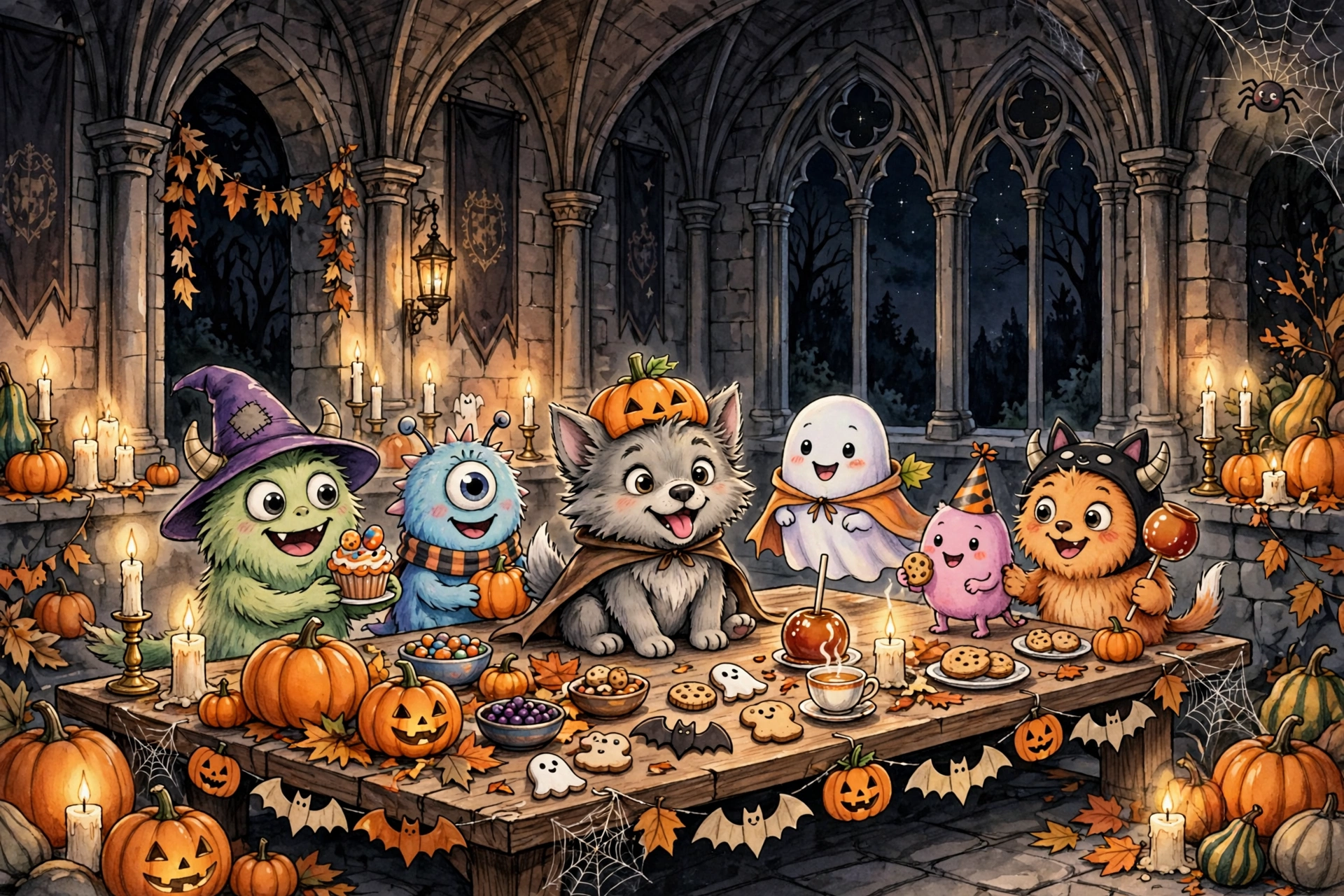 Little creatures at a Halloween feast in a candlelit hall