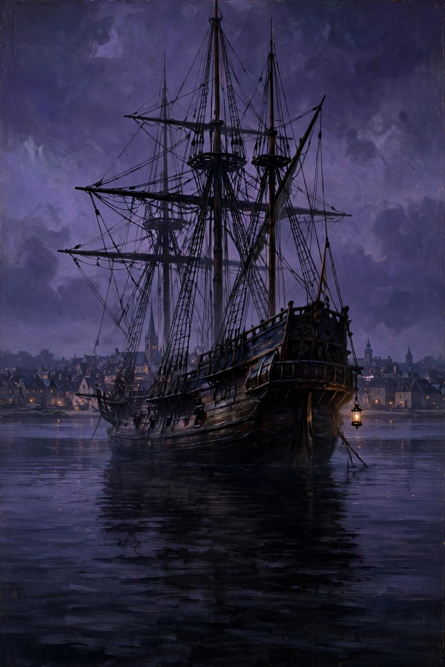 Before the Tide book cover — a 17th-century merchant ship at anchor off a candlelit port town at dusk
