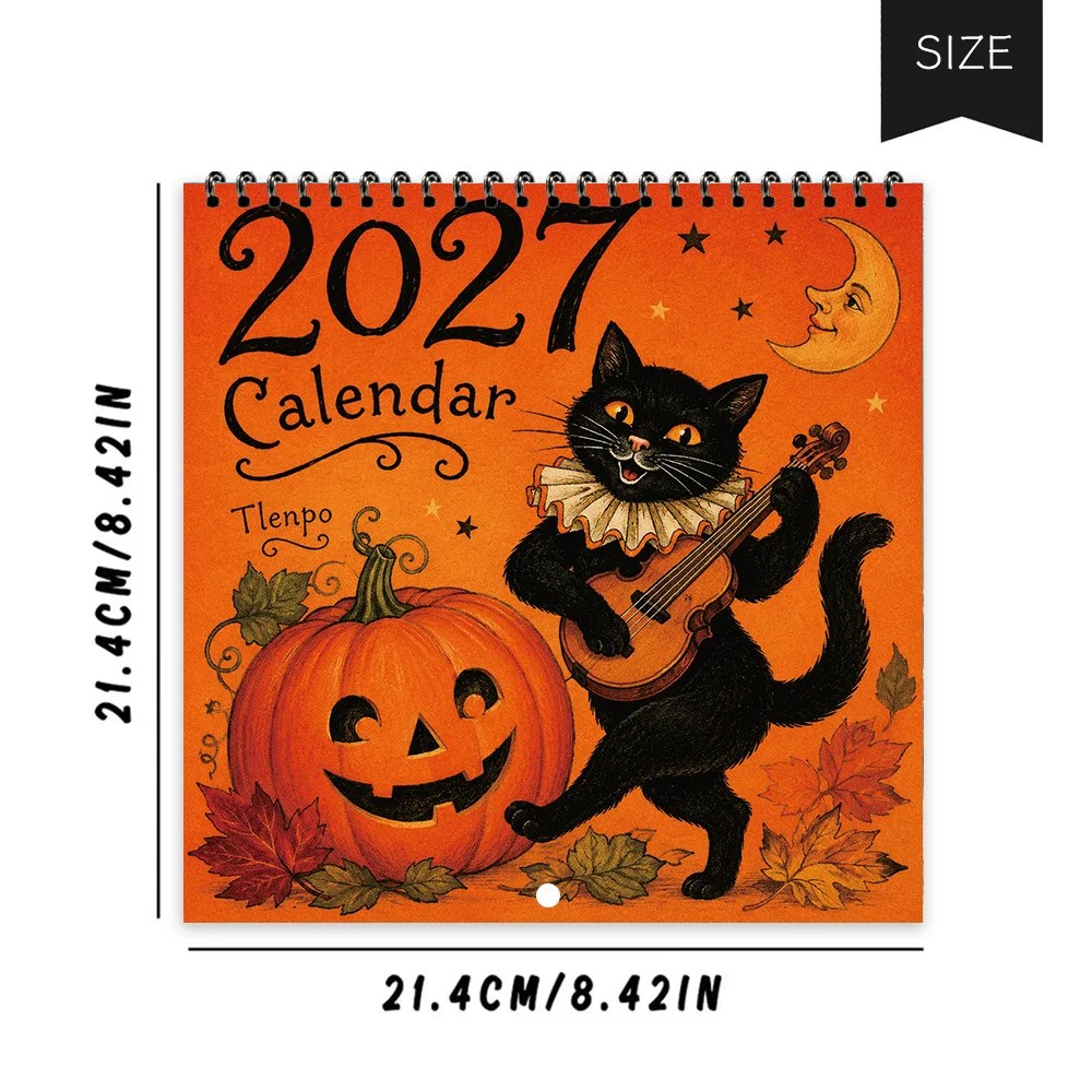 2027 Halloween Cat wall calendar &mdash; a black cat in a ruff collar playing guitar beside a jack-o&rsquo;-lantern