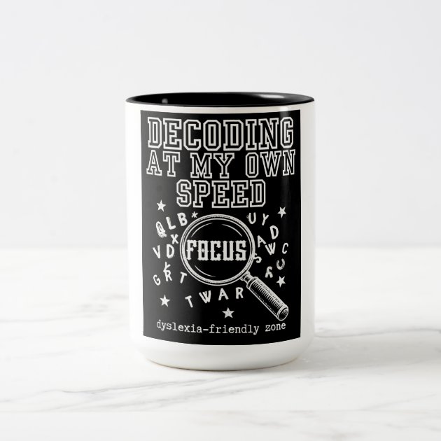 Decoding—Oddly Wired Dyslexia Pride Black  Two-Tone Coffee Mug — product photo