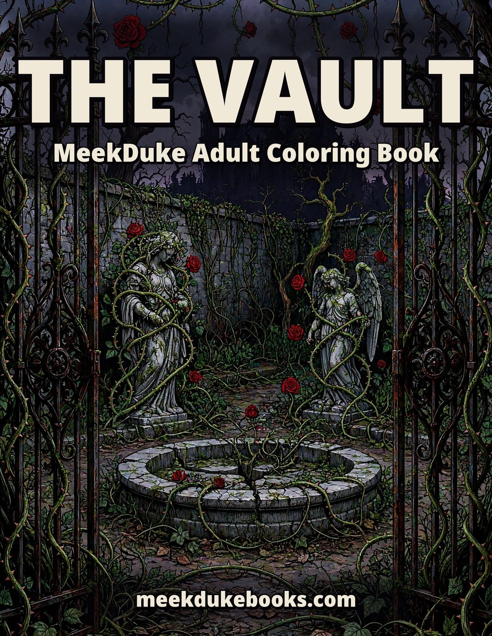The Vault coloring book cover — a haunted gothic manor