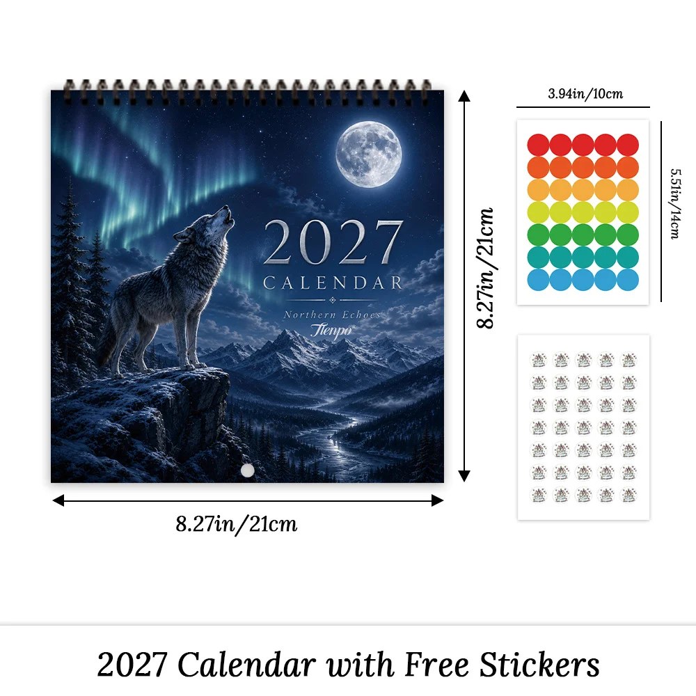 2027 Wilderness Wolf King wall calendar &mdash; a wolf howling at the full moon under the northern lights, with free sticker sheets